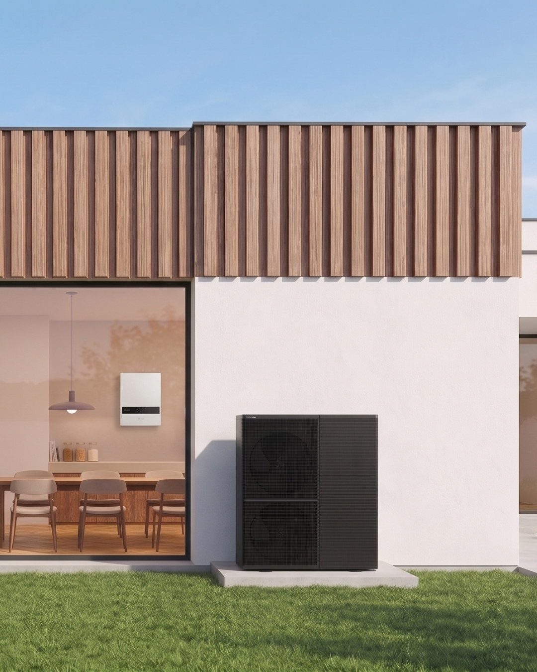 Panasonic luft/vand varmepumpe ved hus med indendørs modul synligt